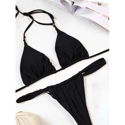 Maillot De Bain Deux Pièces En Pu Pour Femme, Mini Bikini Froncé Plissé, String, Col Licou
