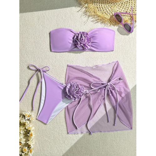 Maillot De Bain Trois Pièces En Maille Fleurie 3d, Jupe Sarong Bandeau, Bikini, Pour Femme