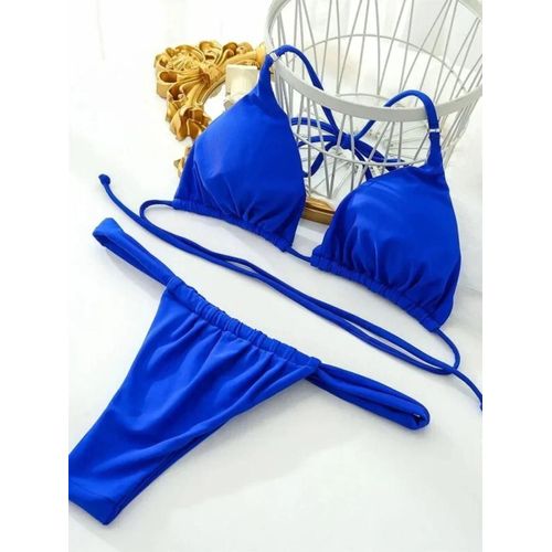 Maillot De Bain Deux Pièces En Pu Pour Femme, Mini Bikini Froncé Plissé, String, Col Licou