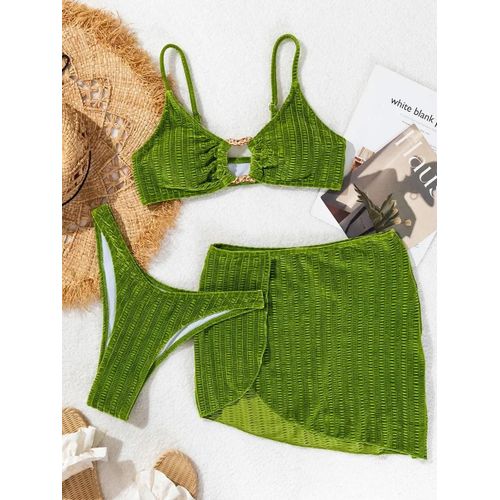 Maillot De Bain 3 Pièces Pour Femme, Bikini Brésilien Froissé Avec Jupe, Ensemble De Plage