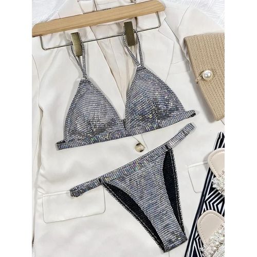 Maillot De Bain Deux Pièces Sexy À Paillettes Brillantes Et Coupe Haute Pour Femme