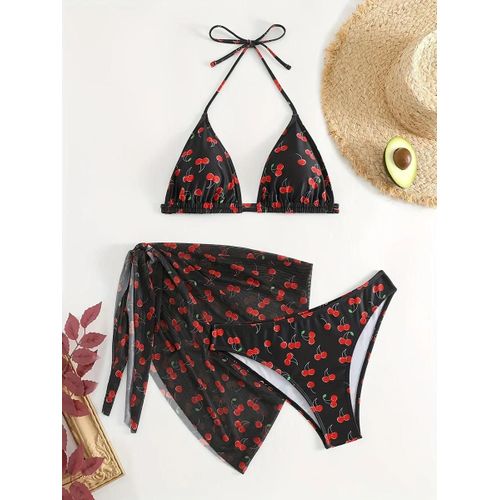 Maillot De Bain Trois Pièces Pour Femme, Avec Jupe Sarong En Maille Et Imprimé Cerises
