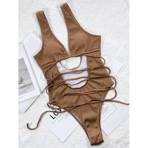 Maillot De Bain Une Pièce Sexy À Col En V Profond Et Côtelé Pour Femme