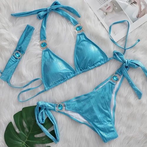 Maillot De Bain 3 Pièces Pour Femme, Bikini Dos Nu Dégradé Avec Strass Et Diamants, Style Brésilien