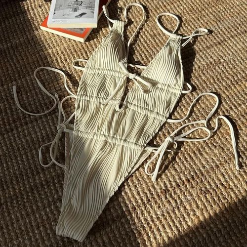 Maillot De Bain Une Pièce Froissé À Col En V Profond Pour Femme, Monokini Dos Nu, Taille Haute, Pour La Plage