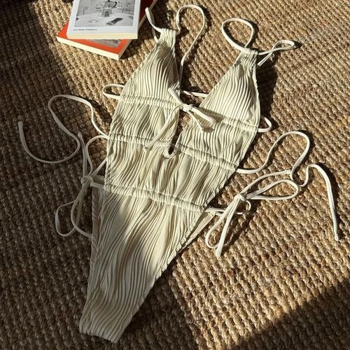 Maillot De Bain Une Pièce Froissé À Col En V Profond Pour Femme, Monokini Dos Nu, Taille Haute, Pour La Plage