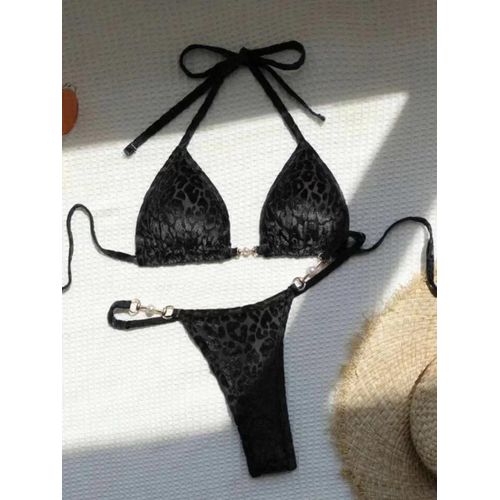 Maillot De Bain Deux Pièces Sexy En Velours Léopard Pour Femme, Mini-Thong, Bikini, Dos Nu