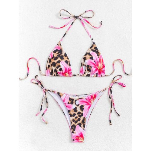 Maillot De Bain Deux Pièces Imprimé Léopard Et Floral Pour Femme, Ensemble Bikini Dos Nu, Taille Xs À L