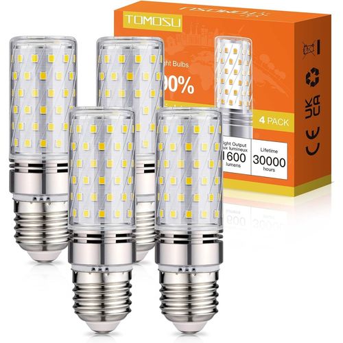 Kal-Ampoule Led E27 Blanc Froid 6000k 1600lm, 16w Ampoules Led Intérieur E27 Équivalent 150w Lampe Halogène, Ac 220-240v, Non-Dimmable, Gros Culot À Vis E27 Maïs Led, Lot De 4