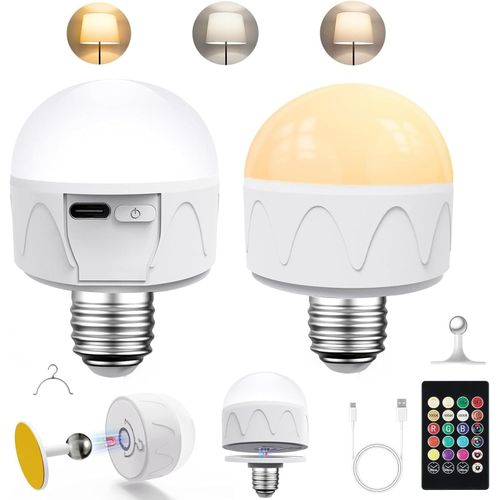 Kal-Ampoule Rechargeable Usb C Avec Télécommande, 2 Ampoules À Piles 4 W E27 Colorées À Intensité Variable, Ampoule Led Pour Camping En Plein Air Avec Support De Lampe Amovible