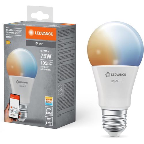 Kal-Smart+ Wifi Led Lamp, Frosted Look, 9.5w, 1055lm, Classic Bulb Shape With E27 Base, Adjustable White Light, Dimmable, App Or Voice Control, Life Of Up To 20,000 Hours