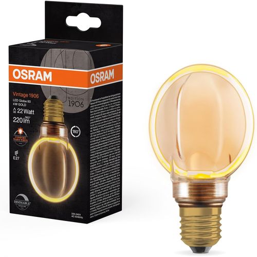 Kal-Vintage 1906 Globe 80 Filament O Lampe, 4 W, 220 Lm, 1800 K, 818 Blanc Chaud Agréable, Or, Ip 20, Verre Sans Plomb, 80 Mm, Douille E27