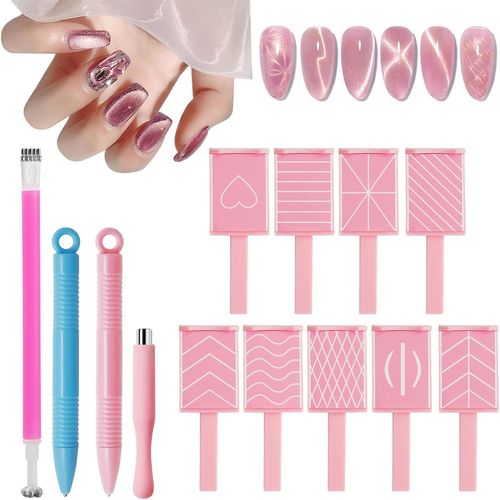 Kal-Lot De 13 Aimants À Ongles ?Il De Chat Rose Pour Vernis À Ongles En Gel ?Il De Chat, Outils De Conception D'ongles À Double Extrémité, 9 Plaques Magnétiques À Rayures, Accessoires Pour Nail Art