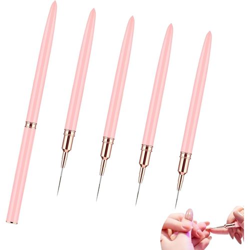 Kal-Lot De 5 Pinceaux Pour Nail Pinceau Nail Art Ongles Professionnel Avec Capuchon Ultra Fin Nail Gel Liner Brushes Pour Dessiner Des Lignes Diy La Conception (Couleur Rose) 