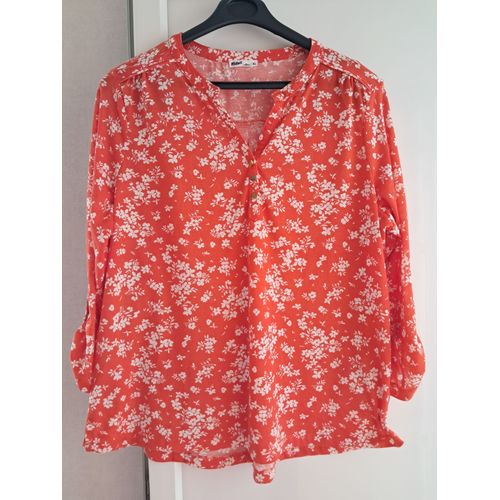 Tunique Neuve Taille 50-52 Orange Fleurs Blanche Gémo
