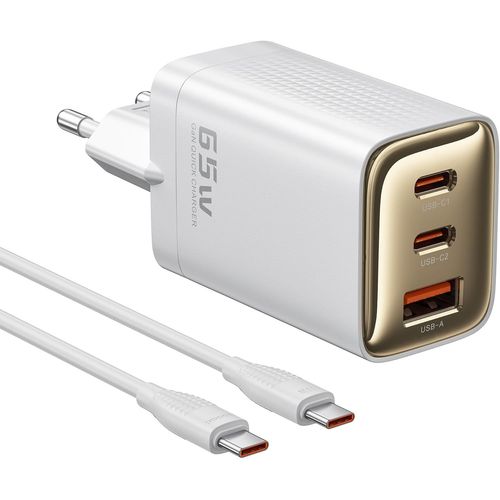 Chargeur Usb-C 65w 3 Ports Gan - Chargeur Rapide Usb C Double Ports Avec Câble 100w, Compatible Iphone 16 Pro Max/S24/S23, Macbook Air, Xiaomi, Blanc