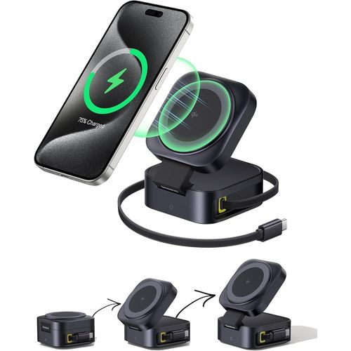 Picogo 2 In 1 Qi2.0 Certified 15w Magsafe Charging Station For Iphone 16, 15, 14, 13, Airpods, Foldable With 67w Retractable Usb C Cable, For Macbook Pro/Air (No Power Supply)