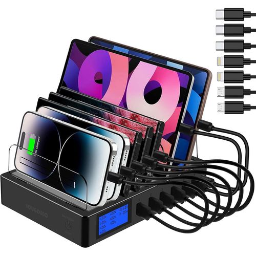 Pd20W Qc3.0 Multi Usb Port Fast Charging Dock, 7 In 1 Multi Device Charging Station With Lcd Display Compatible With Iphone, Ipad, Samsung, Huawei And More (Black)