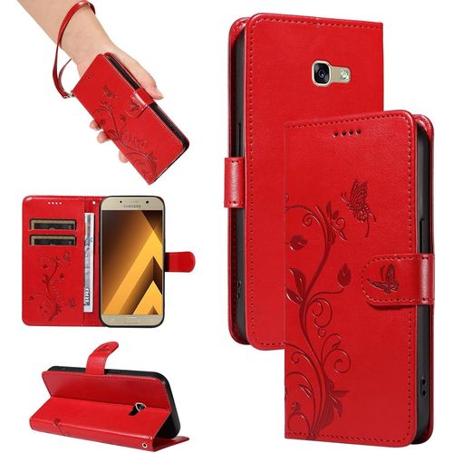 Kal-Coque Pour Samsung Galaxy A5 2017 - Étui Coque Antichoc Portefeuille Avec Porte Cartes, Pu Cuir Magnétique Boîtier En Silicone Et Protection De Caméra, Rouge