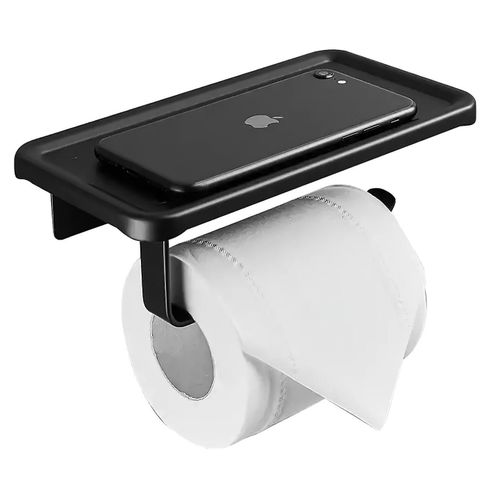 Porte-papier toilette mural noir, porte-rouleau en acier inoxydable avec étagères spacieuses