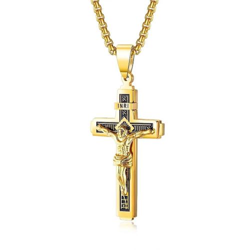 Collier Croix En Acier Inoxydable Avec Pendentif Croix Crucifix Jésus-Christ Et Notre Père Pour Homme Et Femme - Or