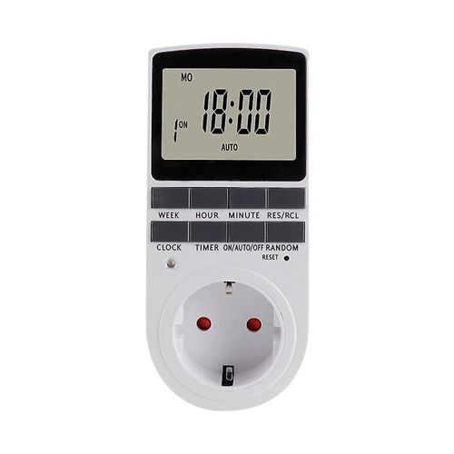 Prise programmable, 10 programmes à 12 h/24 h/7 jours. Minuterie numérique.