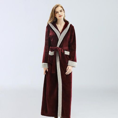 Peignoir À Capuche Pour Femme, Pyjama En Fibre, Long, Chaud, Rouge Vin, Taille Xl