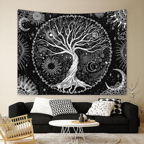 Tapisserie Murale Psychédélique Noire Représentant L'arbre De Vie, La Lune Et Le Soleil, Mandala Étoilé, Décoration Hippie Pour Chambre À Coucher, Dortoir, Fête (150 X 200 Cm)