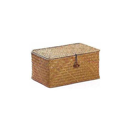 Panier de rangement en rotin et jonc de mer avec couvercle en matériau naturel (petit modèle 26 cm x 16 cm x 10 cm H)