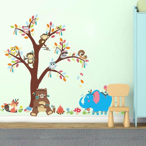 Un Ensemble D'autocollants Muraux Singes Éléphant Ours Arbre Fleurs Stickers Muraux Pour Chambre Enfants Bébé Chambre D'enfant Salon