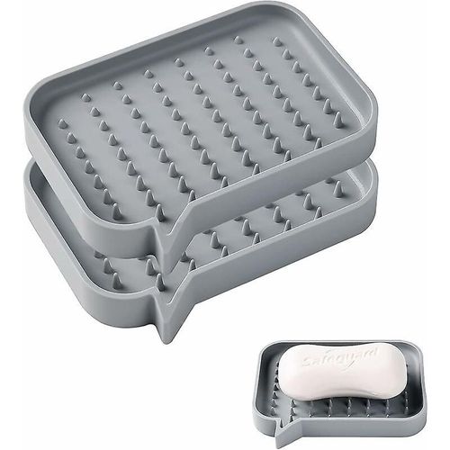Lot de 2 porte-savons en silicone, porte-savon avec drain, porte-savon en silicone pour douche de salle de bain, conception antidérapante pour salle de bain, cuisine, comptoir. Gris, 13,5 x 10.