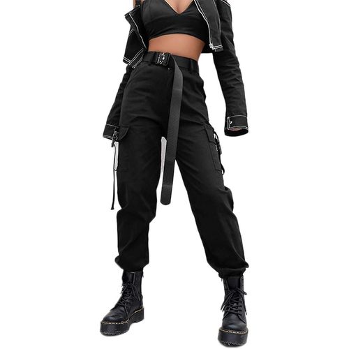 Pantalon Cargo Noir Taille Haute Pour Femme Avec Poches, Style Streetwear Ample Et Uni Des Années 2000, Noir (Sans Ceinture), Taille Xl