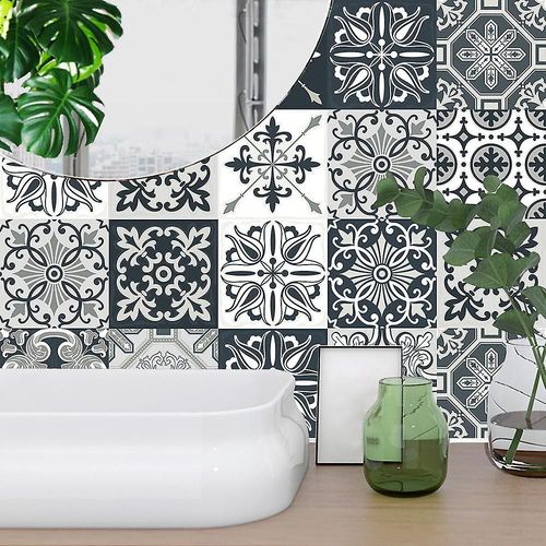 Stickers cuisine et salle de bain 10 cm x 50 cm - 5 pièces, adhésif pour carrelage mural, imitation faïence, imitation carreaux de ciment - Nuances de gris