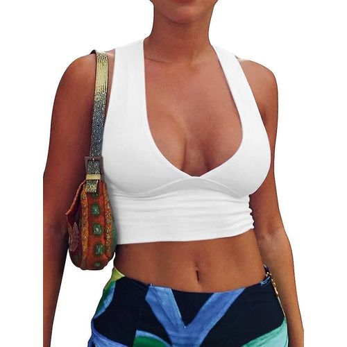 Haut Court Sexy Pour Femme, Décolleté En V Profond, Dos Découpé, Sans Manches, Coupe Basse, Débardeur Nageur, Taille L, Blanc