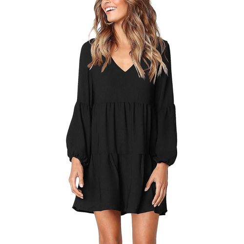 Robe Tunique D'été Pour Femme, Col En V, Décontractée, Ample Et Fluide, Noire, Taille L
