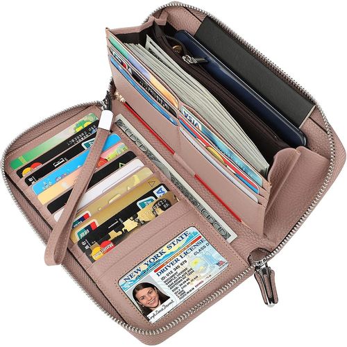 Portefeuille zippé grande capacité pour femme, 100 % cuir, blocage RFID, avec porte-téléphone, pochette de voyage, sac de poignet