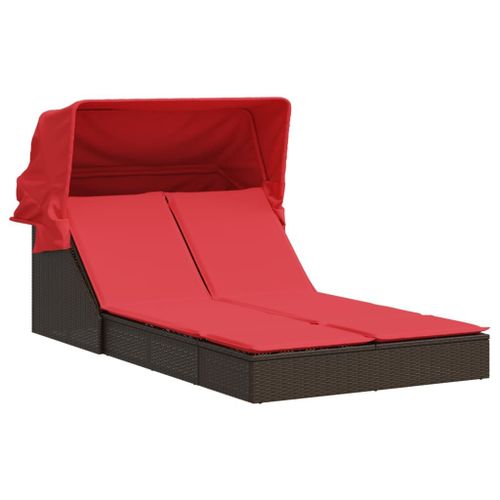 Vidaxl Chaise Longue Double Avec Auvent Et Coussins Marron Poly Rotin
