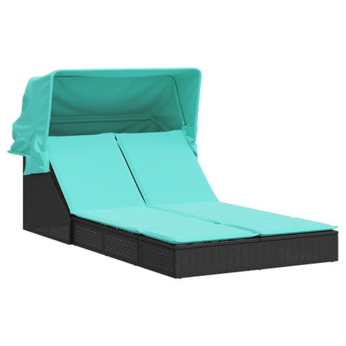 Vidaxl Chaise Longue Double Et Auvent Et Coussins Noir Résine Tressée