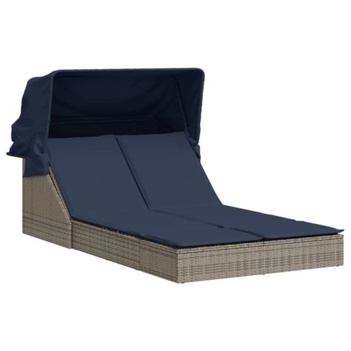 Vidaxl Chaise Longue Double Et Auvent Et Coussins Gris Résine Tressée
