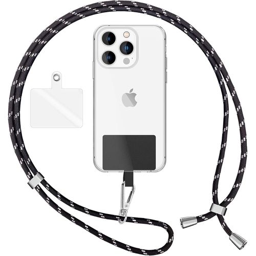 KAL-Lanière Universelle Coloré Pour Telephone Portable, Cordon Tour De Cou Pour Smartphone, Porte Clef Chaine Réglable Avec Crochet Métallique E Carte, Sangle Pour Épaule, Couleur:Noir Argent