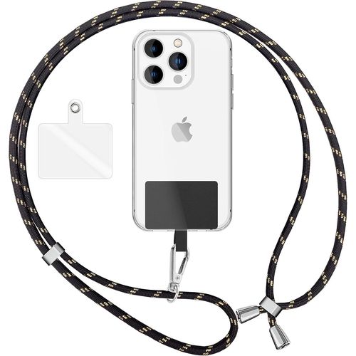 KAL-Lanière Universelle Coloré Pour Telephone Portable, Cordon Tour De Cou Pour Smartphone, Porte Clef Chaine Réglable Avec Crochet Métallique E Carte, Sangle Pour Épaule, Couleur:Noir Or