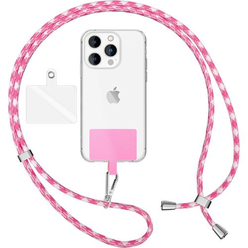 KAL-Lanière Universelle Coloré Pour Telephone Portable, Cordon Tour De Cou Pour Smartphone, Porte Clef Chaine Réglable Avec Crochet Métallique E Carte, Sangle Pour Épaule, Couleur:Rose Blanc