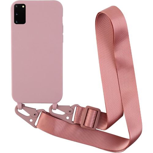 Kal-Coque Avec Collier Compatible Avec Samsung Galaxy S20,Tour De Cou Lanière En Corde Pendentif Housse Silicone Souple Case,Rose Gold