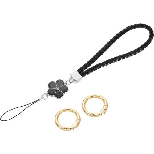 KAL-Dragonne De Poignet En Cuir De 11,9 Cm Avec Breloque En Forme De Fleur Pour Pochette, Téléphone Portable, Portefeuille, Accessoires De Sac À Main, Noir, Noir , 21.5Cm/8.5