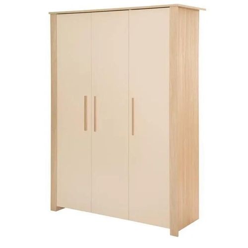 Armoire Bébé 3 Portes Battantes Roba - Momo - 1 Tringle Et 6 Étagères - Poignées En Bois Massif - Beige Cashmere - Chêne Tristan