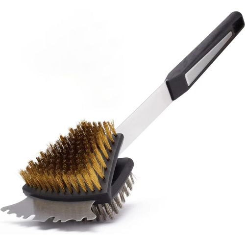 KAL-Brosse Et Grattoir De Nettoyage De Gril De 42 Cm De Long, Nettoyant Pour Barbecue Avec Poils En Acier Inoxydable Et En Laiton, Nettoyant Pour Grille De Gril En Fonte/Acier Inoxydable