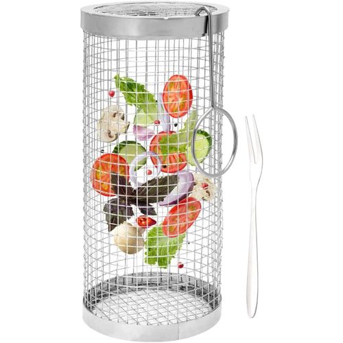 KAL-Rolling -Panier De Barbecue Cylindrique De 30 Cm -Avec Fourchette -Portable -En Acier Inoxydable -Pour Frites, Poissons, Crevettes, Camping