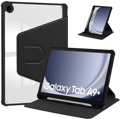 Kal-Coque Compatible Avec Samsung Galaxy Tab A9+/A9 Plus, Etui Housse Pivotante À 360 Degrés Avec Support/Fente Pour Stylo Pliable, Cuir Pu + Housse Acrylique Claire, Noir