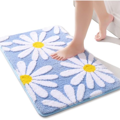 KAL-Tapis De Salle De Bain Bleu Mignon Marguerites Antidérapant Lavable Fleurs Blanches Et Jaunes Doux Absorbant 40 X