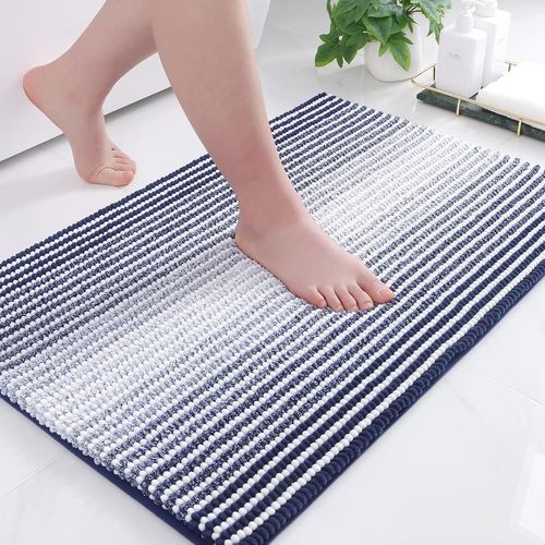 KAL-Tapis De Bain En Chenille - Doux Et Absorbant - Antidérapant - En Microfibre - Lavable - Pour Salle De Bain - 50 X 75 Cm - Bleu Marine